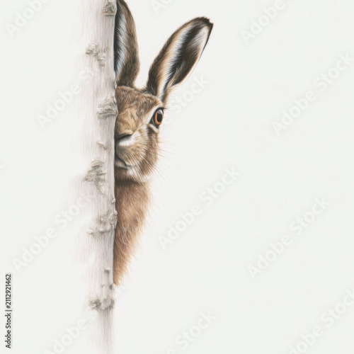 Curious jackrabbit peeks from behind tree, showcasing its alert expression and large ears. minimalistic background highlights rabbit features