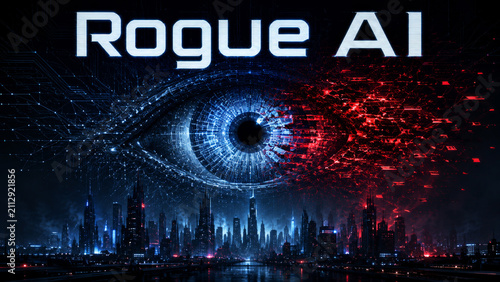 Rogue AI Digital Concept Featuring Cybernetic Eye Over Future Cityscape