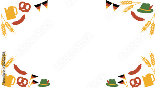 Festive Oktoberfest themed decorative border with beer mugs pretzels and wheat illustrations.