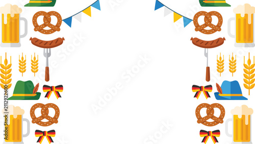 Oktoberfest decorative border with beer and pretzels.