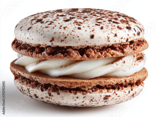 Delicious chocolate speckled macaron with creamy filling on white background. Perfect for dessert lovers