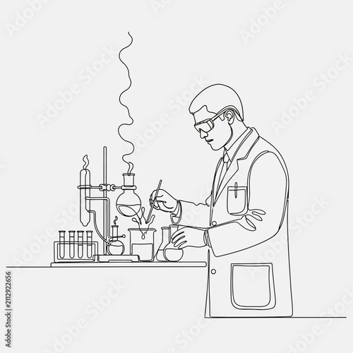 Scientist in Lab Conducting Experiment Continuous Line Drawing