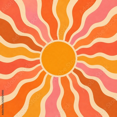 Abstract Retro Summer Sun Background with Wavy Sun Rays in Orange, Coral and Pink Vintage Style