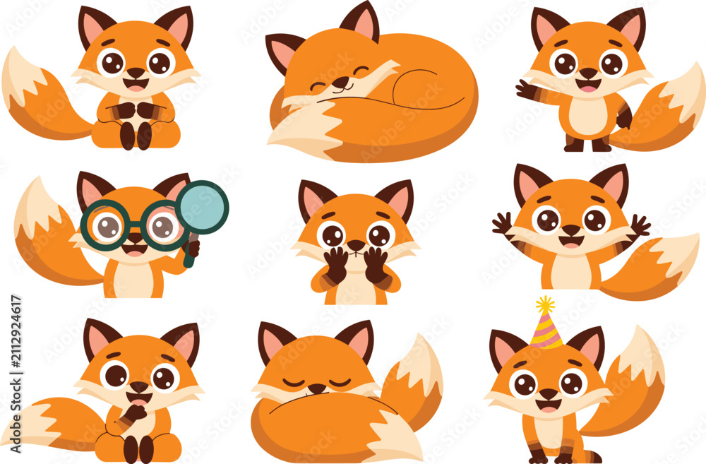 Fototapeta premium Cute Cartoon Woodland Fox Character Vector Set Featuring Fox Sleeping, Waving, Wearing Birthday Hat, Looking Through Magnifying Glass, and Expressing Different Emotions