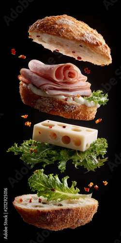 Delicious sandwich with layers of ham, cheese, lettuce, and bread is artistically deconstructed against dark background