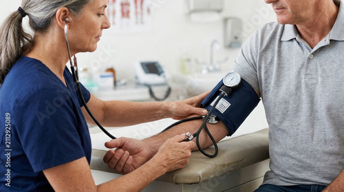 Nurse checks senior man's blood pressure, medical checkup, healthcare concept