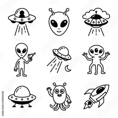 Cute Cartoon Alien Characters and Spaceships in Black and White