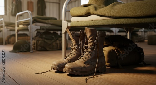 Military Barracks Room with Bunk Beds, Boots, and Luggage, Military Theme and Veteran Service Concept