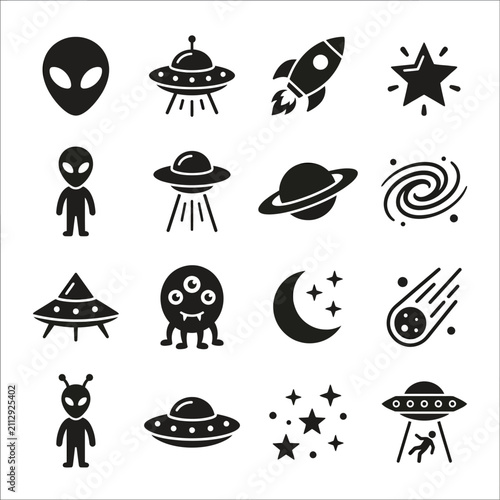 Space and alien vector icon set: UFOs, rockets, and stars.