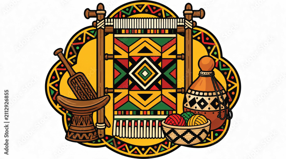 Obraz premium Vibrant Fiesta Sombrero Emblem with Geometric Patterns and Chili Pepper Accent