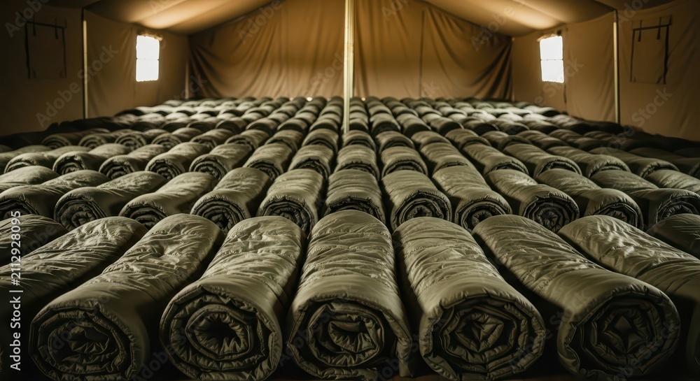 Obraz premium Rows of Rolled Sleeping Bags Inside a Large Military-Style Tent, Ready for Use