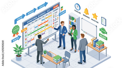 Team planning operational schedule on whiteboard, business strategy meeting