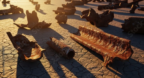 Abstract rusty metal debris scattered on cracked dry earth during golden hour sunset, conveying desolation and decay.