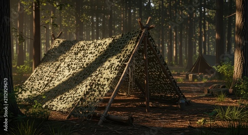 Rustic A-frame camouflage tent set up in a dense forest with dappled sunlight and another tent in the background.