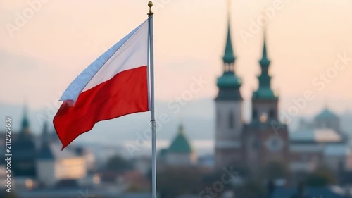 Polish Flag Waving Over Krakow Skyline with Wawel Cathedral