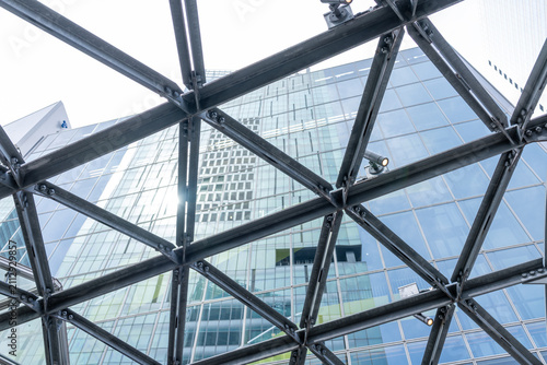 Geometric Steel Canopy Looking Up at Skyscraper in Shibuya