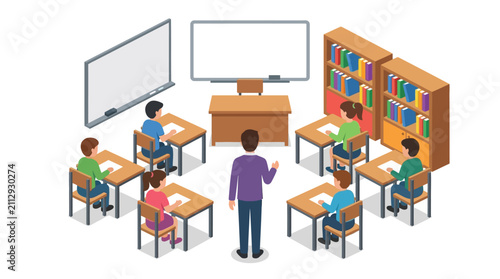 Isometric Illustration of Teacher and Students in a Modern Classroom