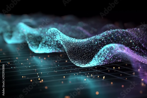 Abstract turquoise and purple particle waves above a glowing digital grid