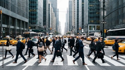 People navigating a crowded sidewalk and intersection in a downtown area.