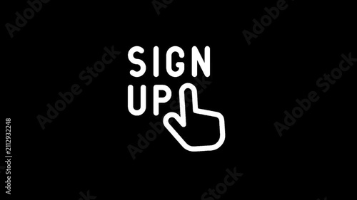 Simple white line art icon for 'Sign Up' with a cursor hand clicking on the 'UP' text