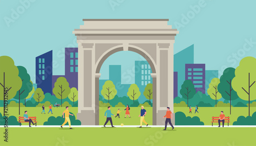 Diverse citizens enjoy recreational activities in a lively public city park featuring an arch landmark and a playground.