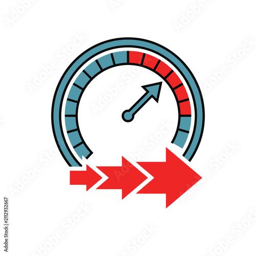 Speedometer with a red needle and a series of red arrows increasing in size, representing acceleration, growth, and performance metrics