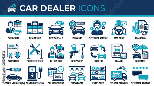 Car dealer icons illustrate various automotive sales services.
