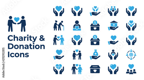 Charity icons show people helping others in a graphic design.
