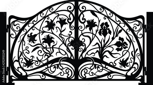 Foto Detailed black vintage wrought iron gate with floral motifs and art nouveau styl
