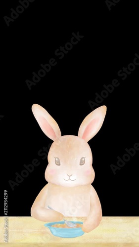 温かい料理を食べる可愛いうさぎの縦型ループアニメーション。上半分にコピースペースのある背景透過の水彩風フレーム。	
