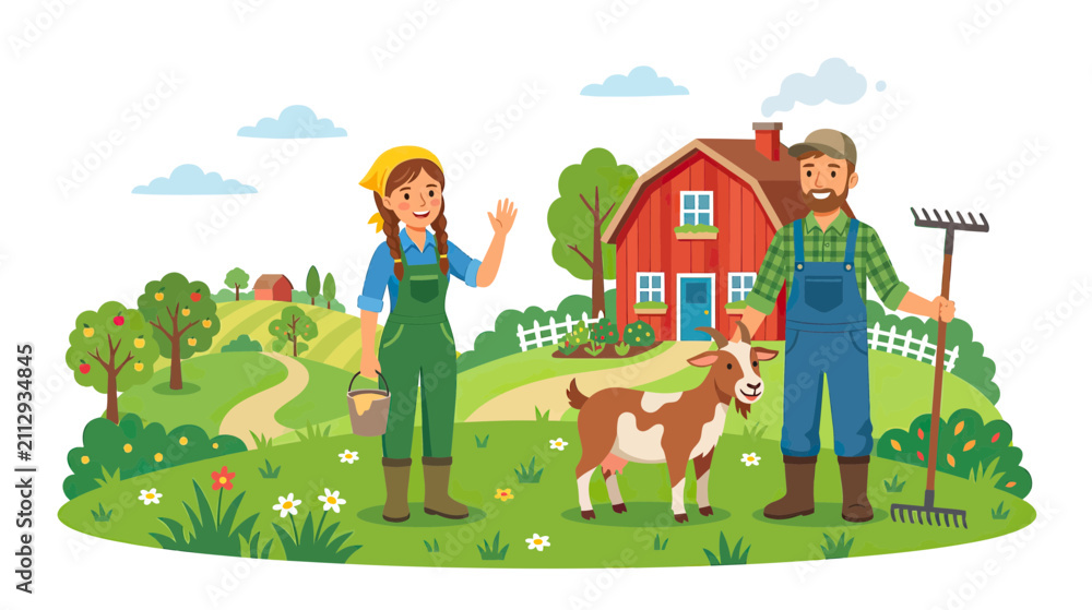Naklejka premium Farmers and Goat on a Sunny Rural Farm