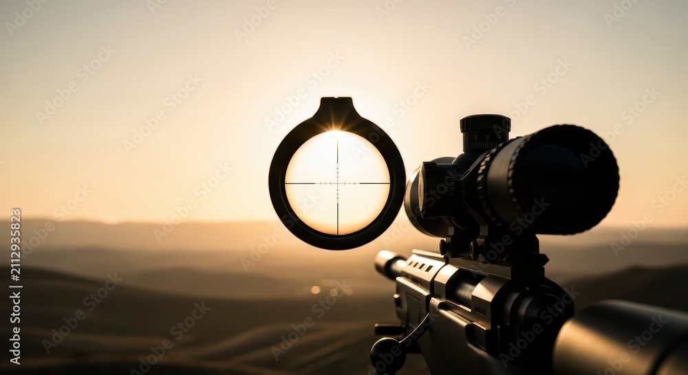 Obraz premium Silhouette of a sniper rifle scope with crosshairs against a dramatic sunset over rolling hills