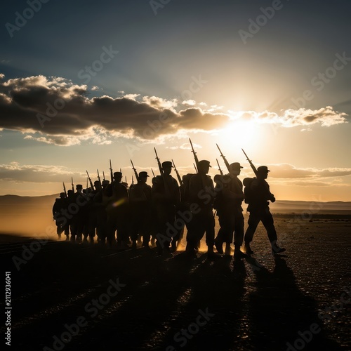 Silhouette of soldiers marching in formation across a dusty desert landscape at sunset with dramatic clouds.