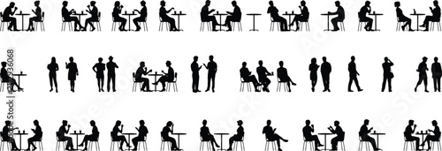Fotografie Collection of black silhouettes of people sitting and standing at tables and in