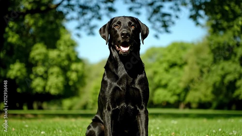 Black Labrador sitting in the grass, black on the lawn