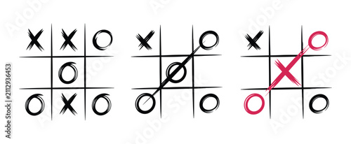 Принти на полотні Tic-Tac-Toe Trio: A visual compilation of three distinct tic-tac-toe game boards showcasing different stages of play, from ongoing matches to decisive wins, rendered with a playful