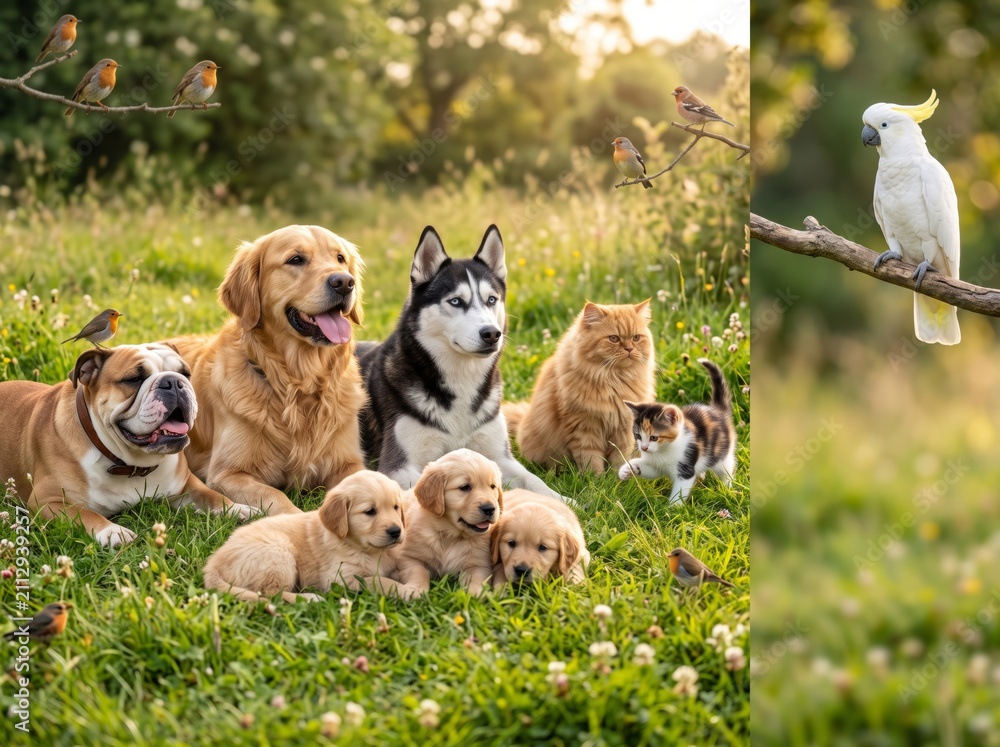 Obraz premium Happy Multispecies Pet Team Of Golden Retriever Husky Pug Three Puppies Sleeping Cat And Cockatoo Parrot Relaxing Together On Lush Green Grass In Warm Sunny Countryside Garden