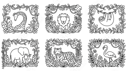 Photography Cute jungle animals in floral frames outline simple cartoon style