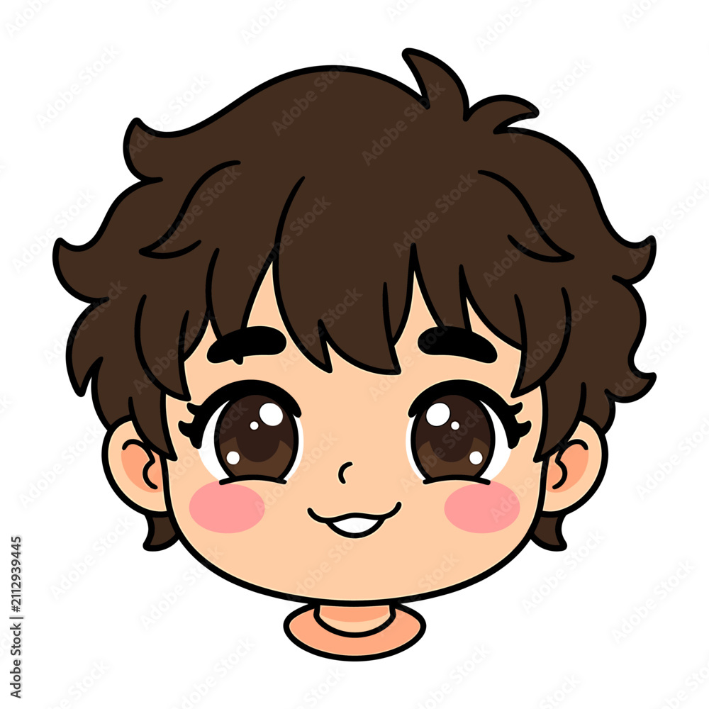 Obraz premium Cute Chibi Boy Face Sticker with Brown Messy Hair and Big Sparkling Eyes for Digital Art and Kids Projects