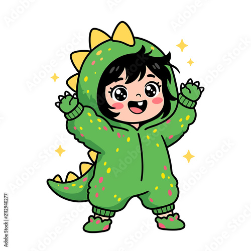 Cute little girl wearing a green dinosaur costume cheerful kid in anime chibi style cartoon character illustration