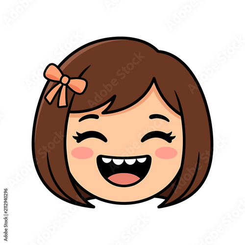 Cute cartoon little girl avatar with a joyful laughing expression and a pink hair bow in vector illustration