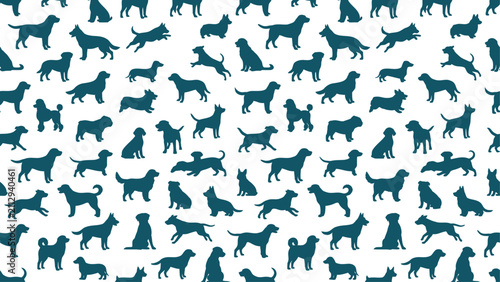 Seamless pattern with teal dog silhouettes on white background. Flat vector illustration EPS 10.