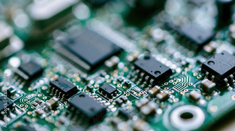 Fototapeta premium Detailed Macro View of a Green Circuit Board with Integrated Circuits and Components