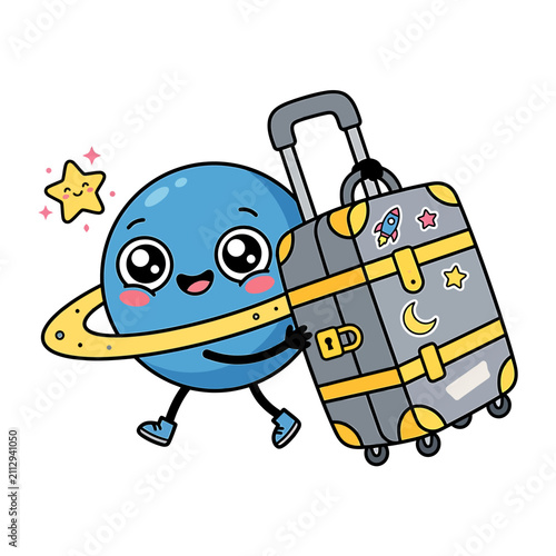 Joyful cartoon planet character, complete with a celestial ring, merrily pulls a wheeled suitcase adorned with fun space-themed stickers, ready for an exciting and whimsical intergalactic adventure