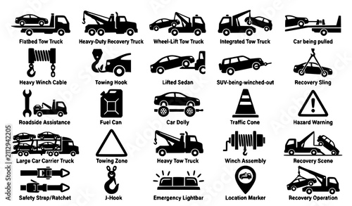 Foto Labeled Tow Truck and Roadside Assistance Silhouette Icon Set for Car Recovery S