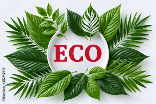 ECO word in red surrounded by green leaves