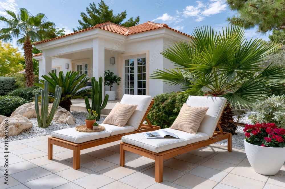 Fototapeta premium Garden terrace with sun loungers at luxury villa