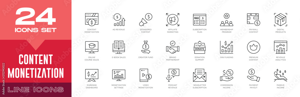 Fototapeta premium Content Monetization Line Icons Set - Creator Revenue, Digital Income, Editable Stroke Vector Collection