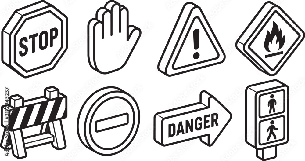 Fototapeta premium Isometric warning traffic signs and road safety icons set