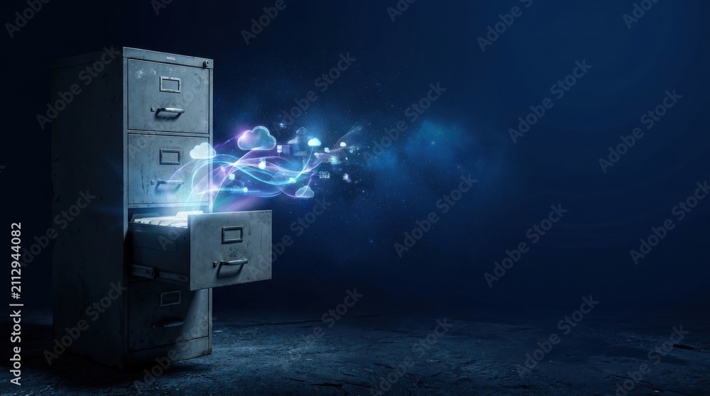 Naklejka premium File Cabinet Unleashing Digital Data: An old-fashioned file cabinet stands in a dark, textured environment, with one drawer open and emitting a vibrant stream of abstract.